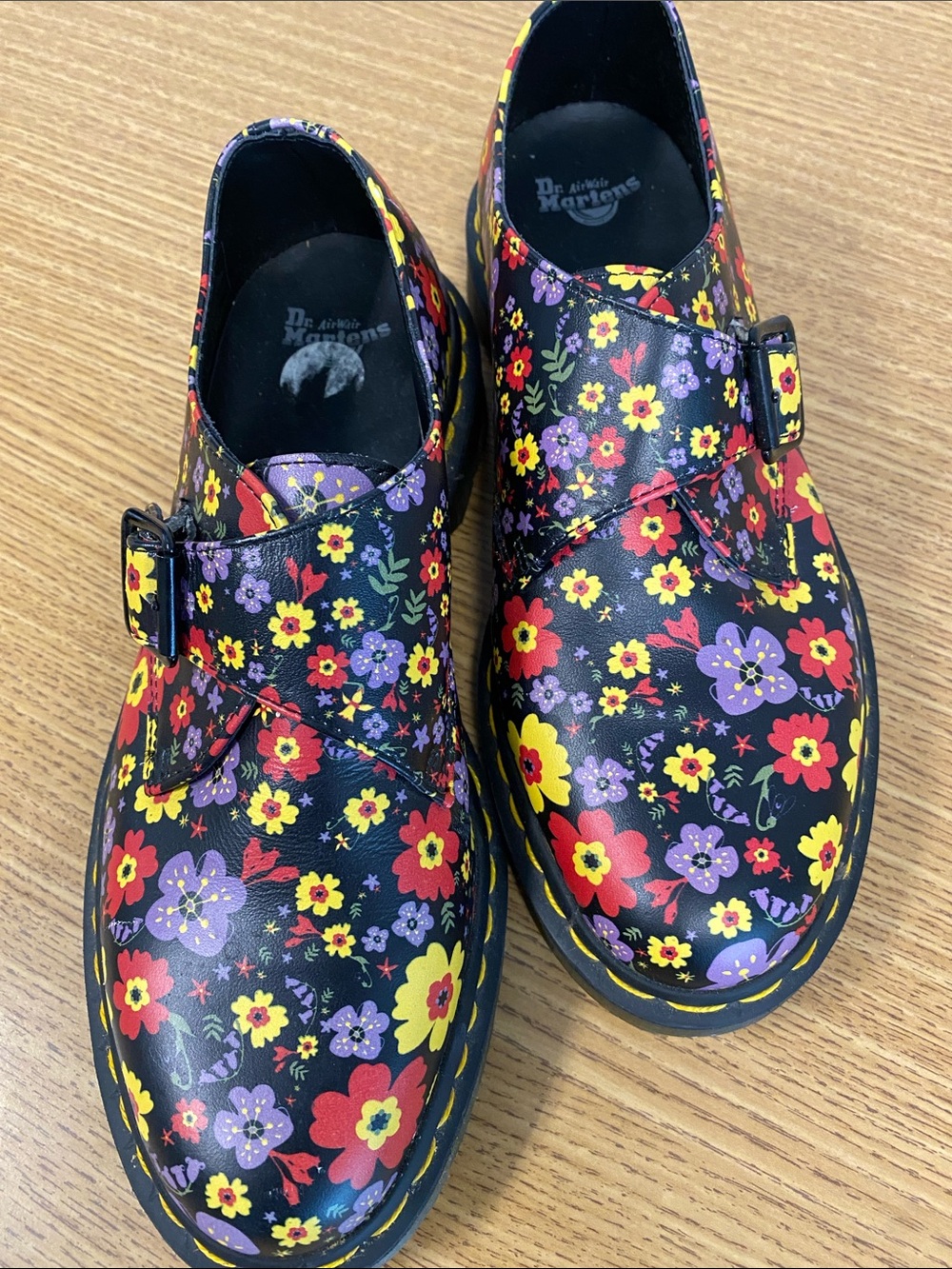 Dr. Martens Women’s Floral Black Leather Buckle Shoes
